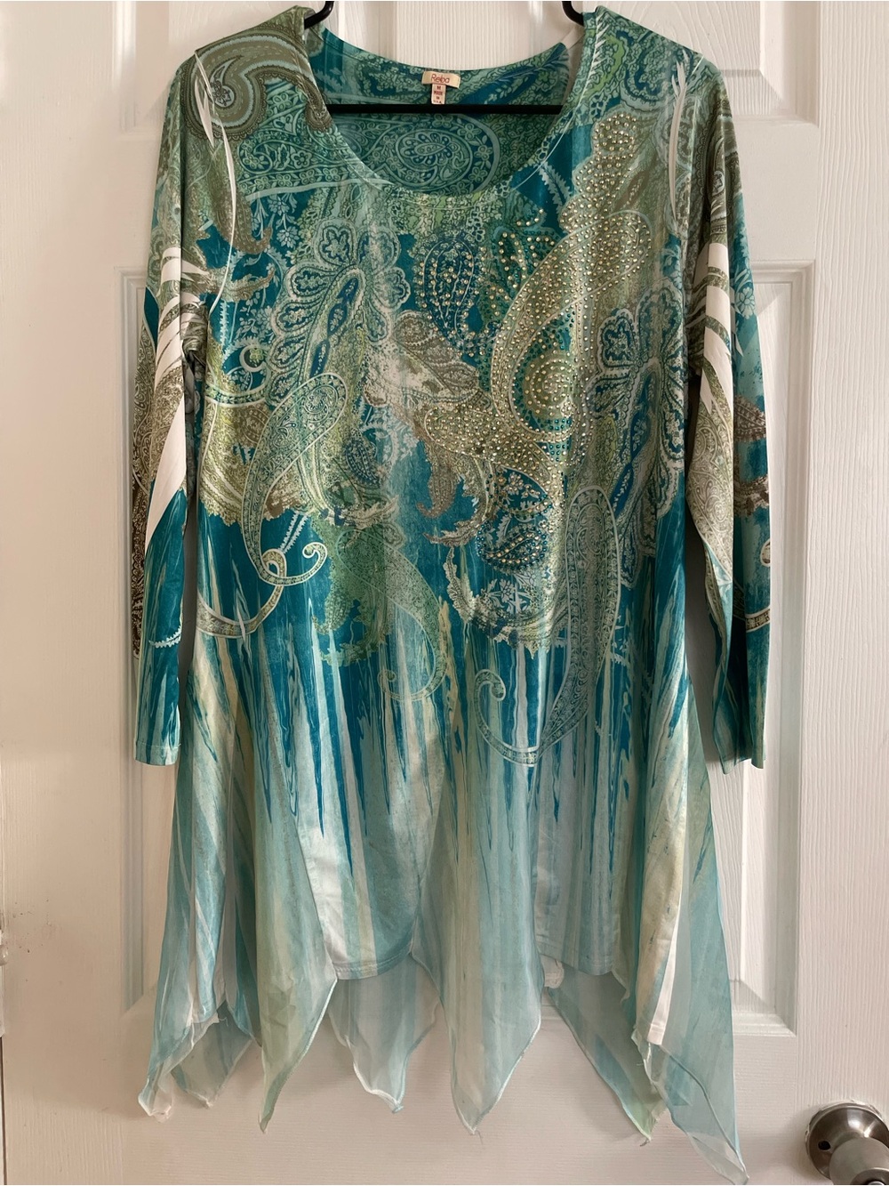 Reba Teal Seafoam Paisley Rhinestone Handkerchief Hem Tunic